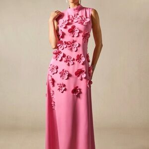 Pink Floral Appliqué Maxi Dress